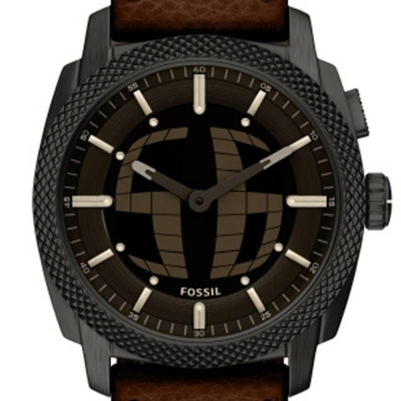 Vue détaillée de la Montre Analogique Fossil Collection Machine avec bracelet cuir marron.