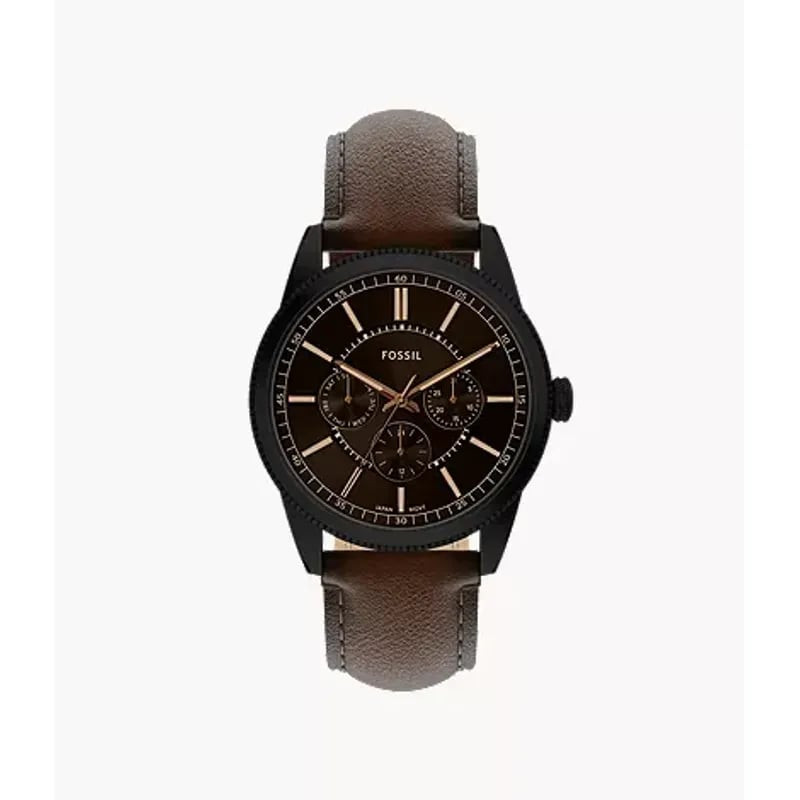 Montre homme Fossil Pearson FS6138 vue de face, cadran noir, sous-cadrans argentés, bracelet cuir ma