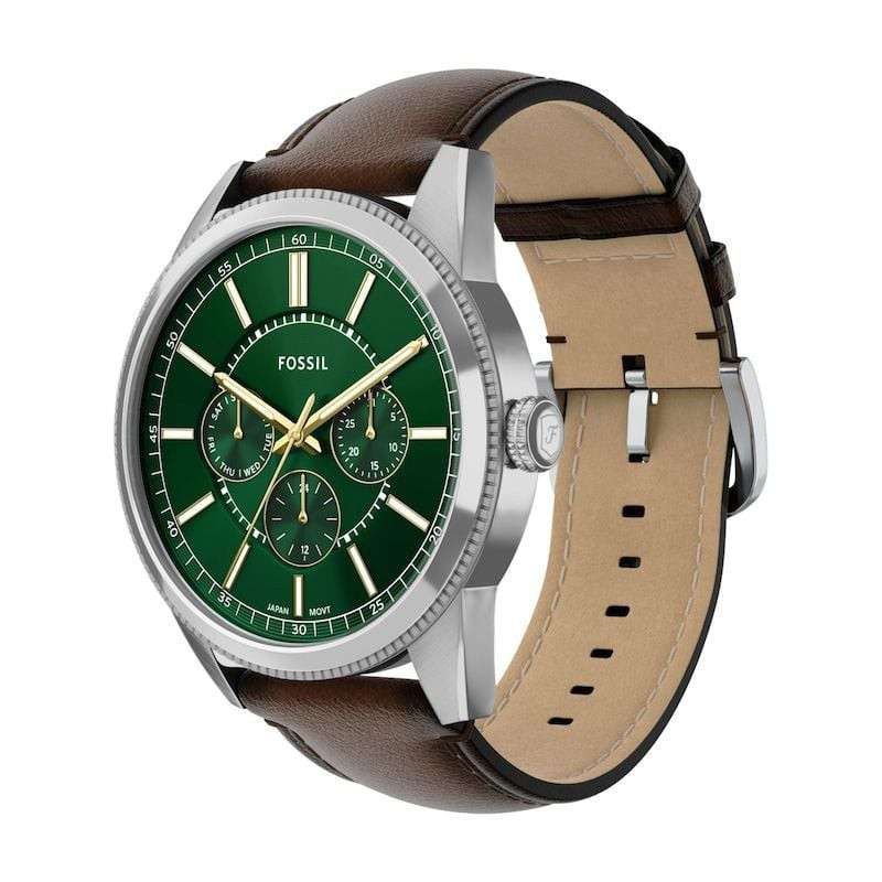 Vue en angle de la montre homme Fossil Pearson FS6137 multifonction avec cadran vert, sous-cadrans e