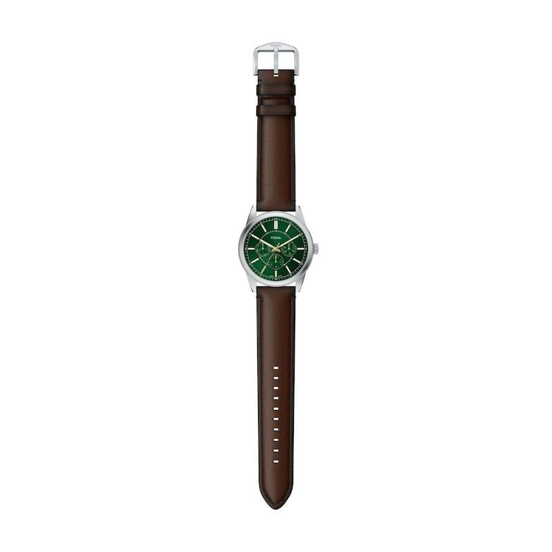 Vue de dessus de la montre Fossil Pearson FS6137 avec cadran vert, sous-cadrans jour/date et bracele