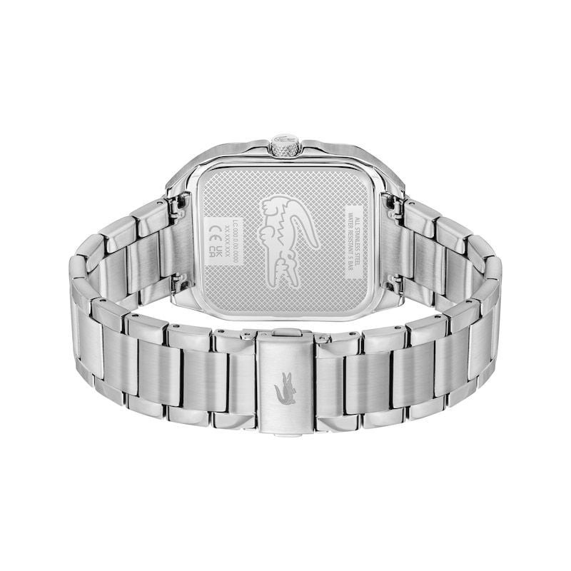 Vue de face de la montre analogique Lacoste 2093605 avec chiffres arabes et guichet de date à six he