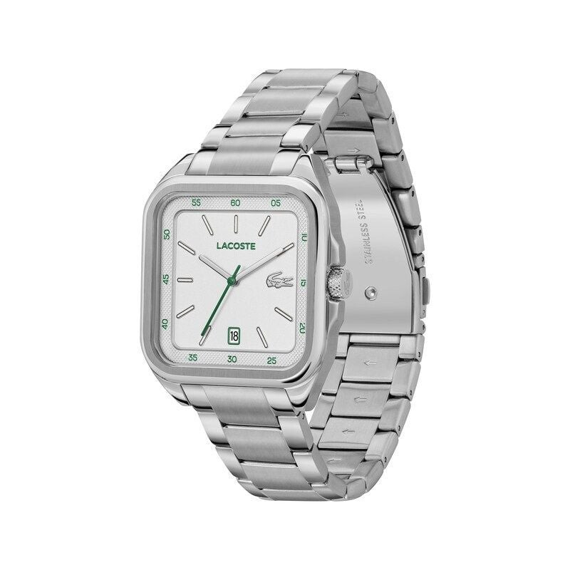 Montre Lacoste 2093605 avec boîtier rectangulaire en acier, aiguilles vertes et fonction date sur fo