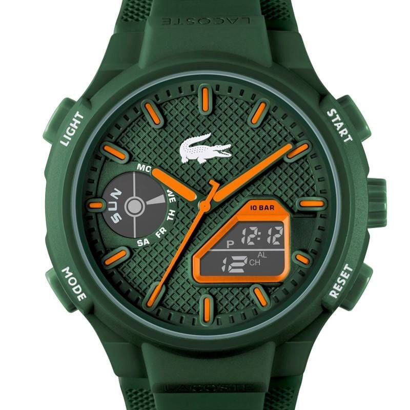 Montre Analogique et Digitale LACOSTE LC33 Bracelet Silicone Kaki, vue en gros plan du cadran.