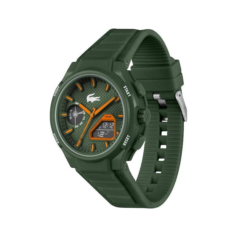 Montre Analogique et Digitale LACOSTE LC33 Bracelet Silicone Kaki en packshot.