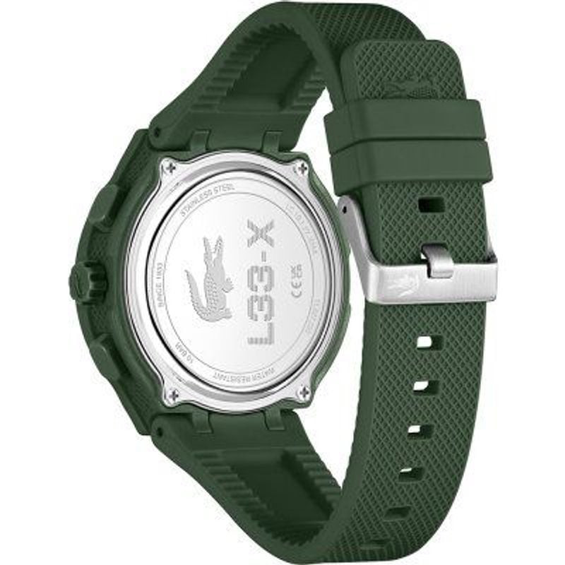 Montre Analogique et Digitale LACOSTE LC33 Bracelet Silicone Kaki sur fond blanc.