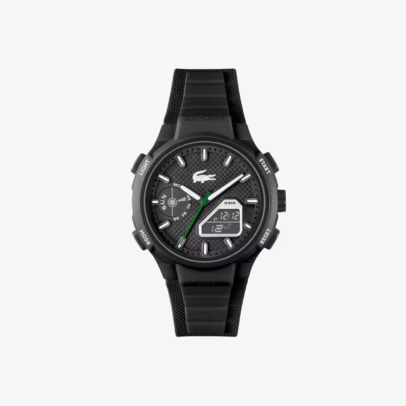 Packshot de la Montre Analogique et Digitale LACOSTE Collection LC33 Bracelet Silicone Noir.