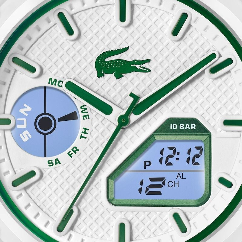 Montre Analogique et Digitale LACOSTE LC33 bracelet silicone blanc en détail : cadran blanc, index v