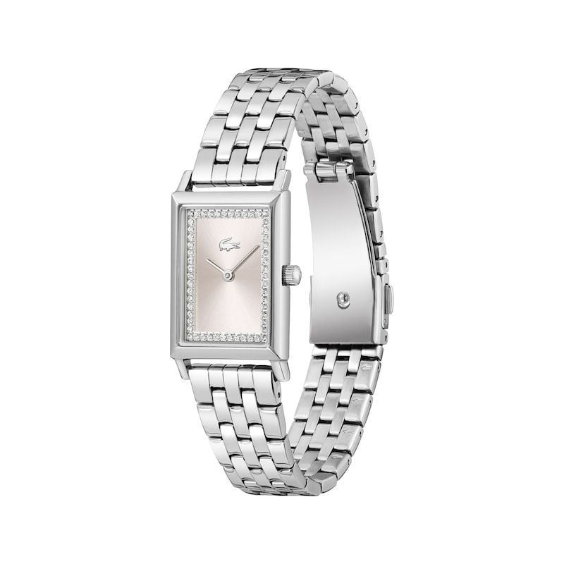 Montre Lacoste Catherine 2093596 vue latérale, boîtier rectangulaire en acier et cadran rose à crist