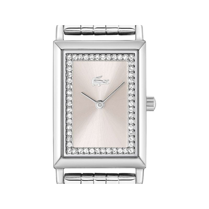 Gros plan du cadran de la montre Lacoste Catherine 2093596 avec fini soleillé rose et index en crist