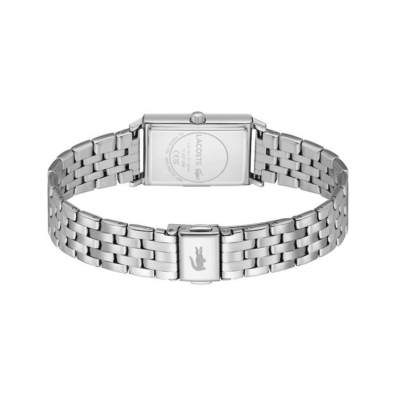 Montre Lacoste Catherine 2093596 exposée : cadran rose soleillé, aiguilles argentées, bracelet à mai