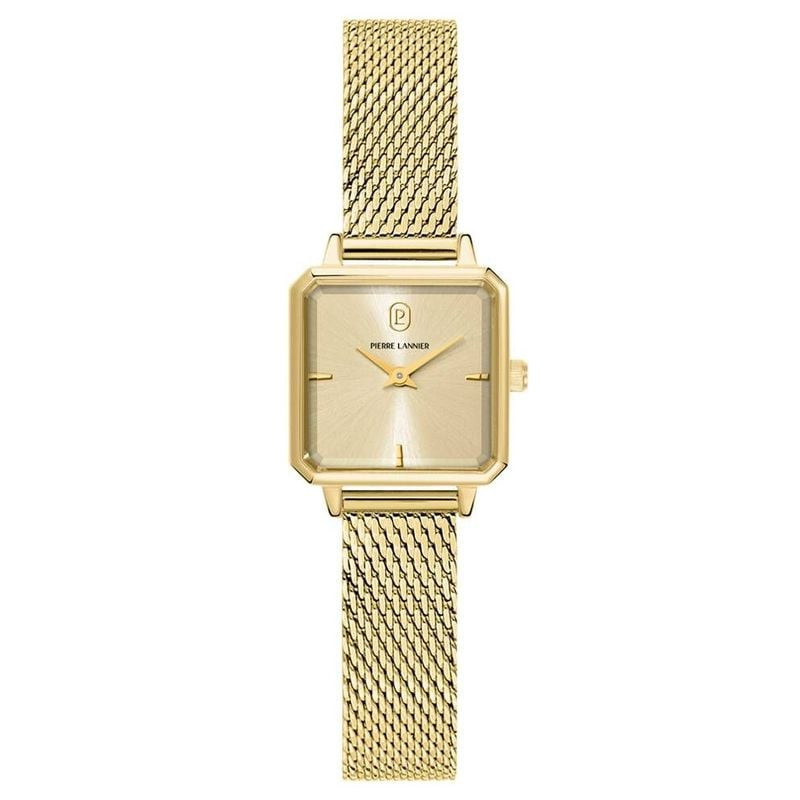 Packshot - Montre Analogique PIERRE LANNIER Collection LEONOR bracelet acier milanais doré.