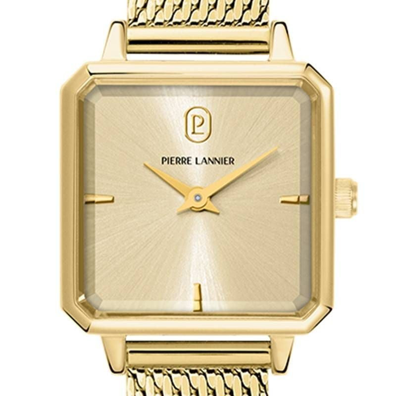 Détail de la Montre Analogique PIERRE LANNIER Collection LEONOR bracelet acier milanais doré.