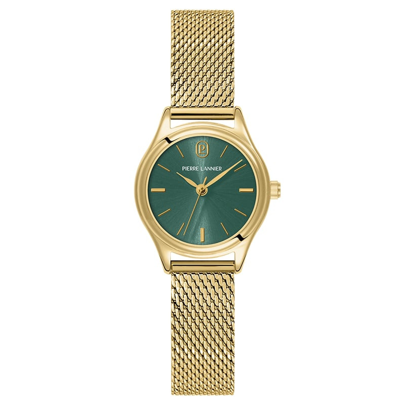 Montre rétro femme Pierre Lannier Pya 021K572, cadran vert et bracelet milanais doré sur fond neutre