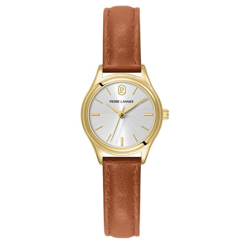Montre femme vintage Pierre Lannier 2094730 à boîtier doré, cadran argenté et bracelet en cuir brun.