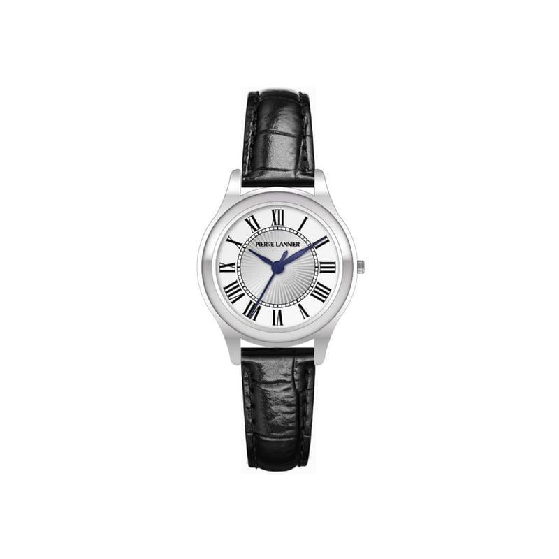 Packshot de la montre Quartz PIERRE LANNIER collection Pya bracelet cuir noir, élégante et raffinée.