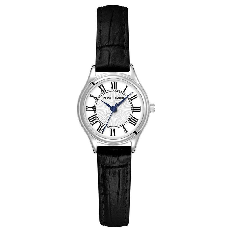 Montre Quartz PIERRE LANNIER collection Pya bracelet cuir noir, vue détaillée du cadran blanc.