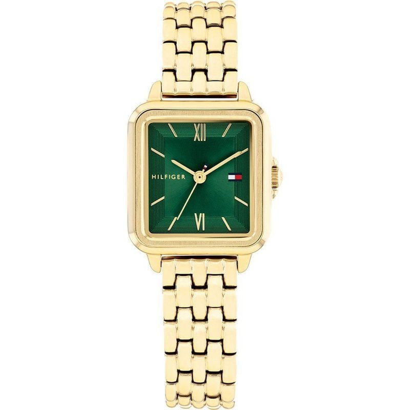 Gros plan sur le bracelet à maillons doré et le fermoir déployant de la montre femme Tommy Hilfiger 
