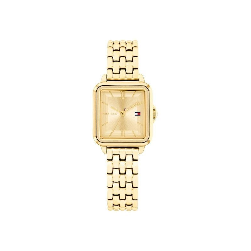 Vue latérale de la montre Tommy Hilfiger Mia dorée pour femme, profil rectangulaire fin