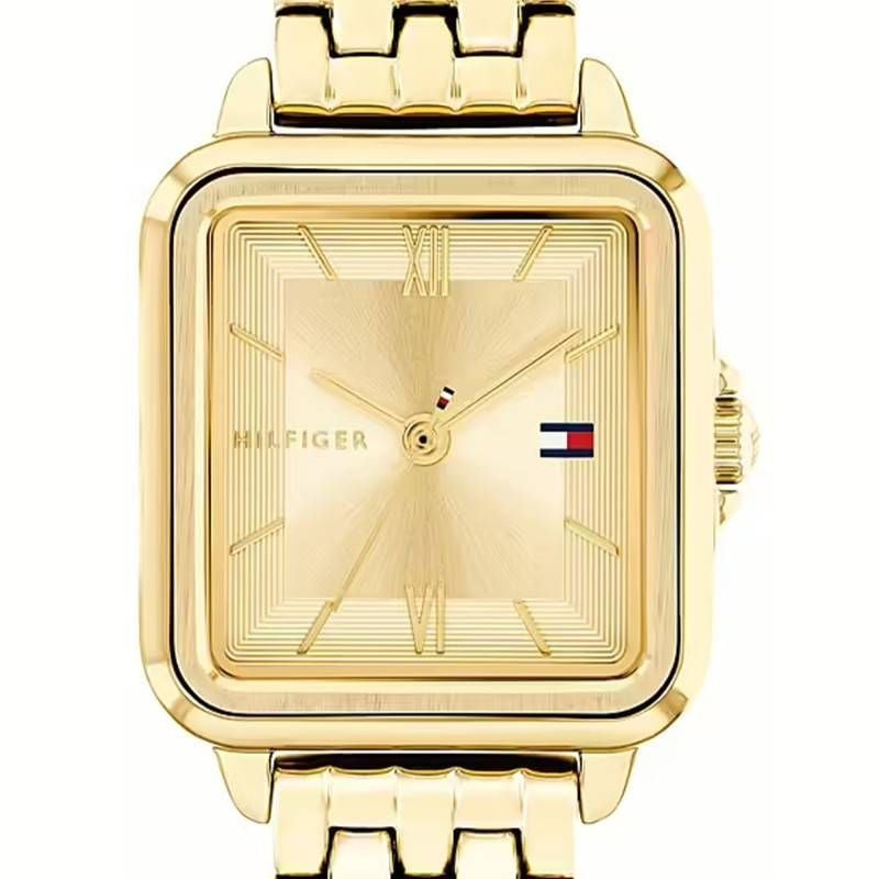 Gros plan sur le cadran de la montre Tommy Hilfiger Mia avec effet soleil champagne et chiffres roma