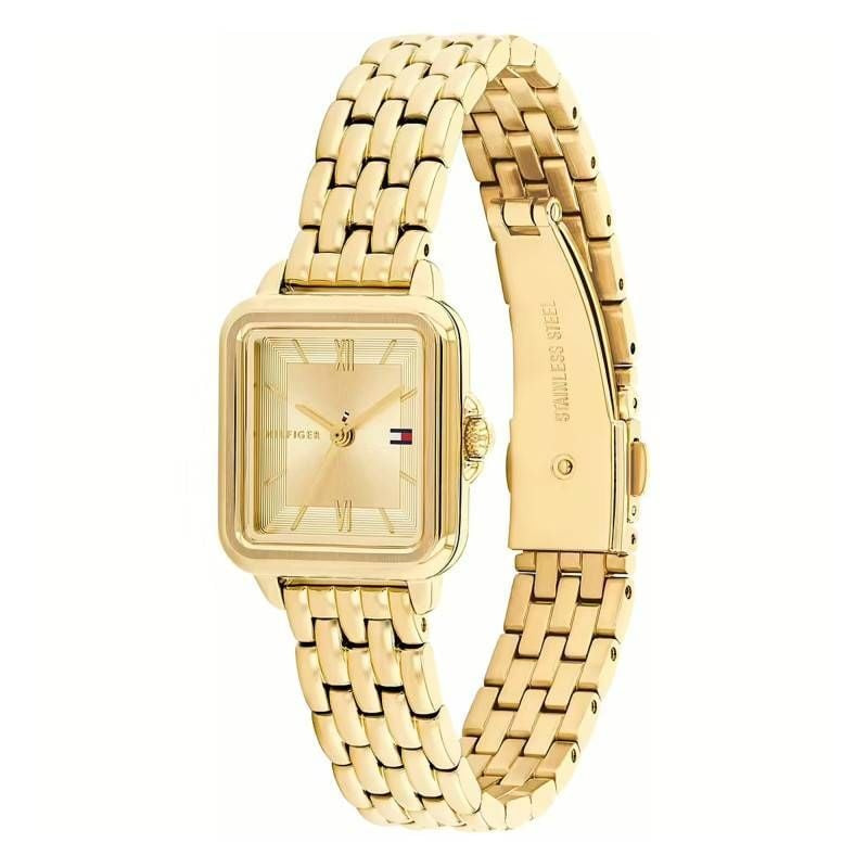 Montre Tommy Hilfiger Mia pour femme, boîtier rectangulaire doré, cadran champagne et chiffres romai