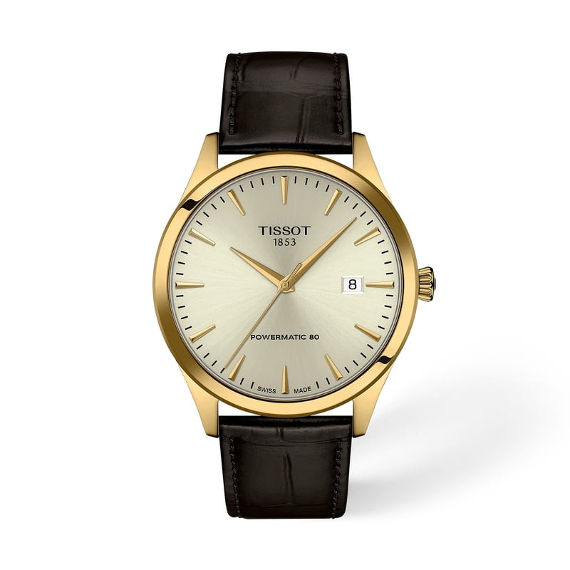 Montre Automatique TISSOT Collection Classic Dream Bracelet cuir marron, vue du cadran ivoire et boî
