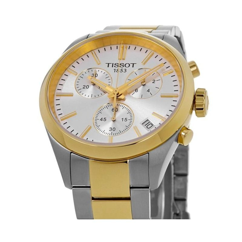 Vue en gros plan de la Montre Analogique TISSOT Collection PR 100 Chronographe bracelet Acier Bicolo