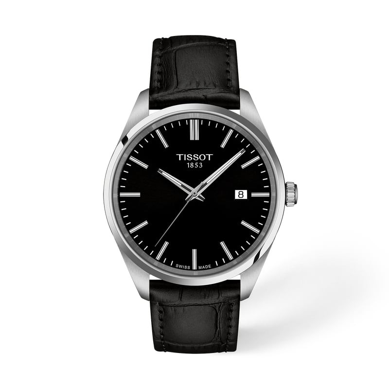Montre Analogique Tissot Collection PR 100 Bracelet Cuir Noir en packshot, cadran noir et boîtier ac