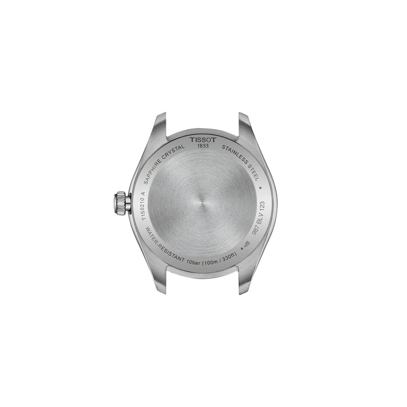Montre Analogique TISSOT collection PR 100 bracelet acier gris en gros plan sur le cadran vert