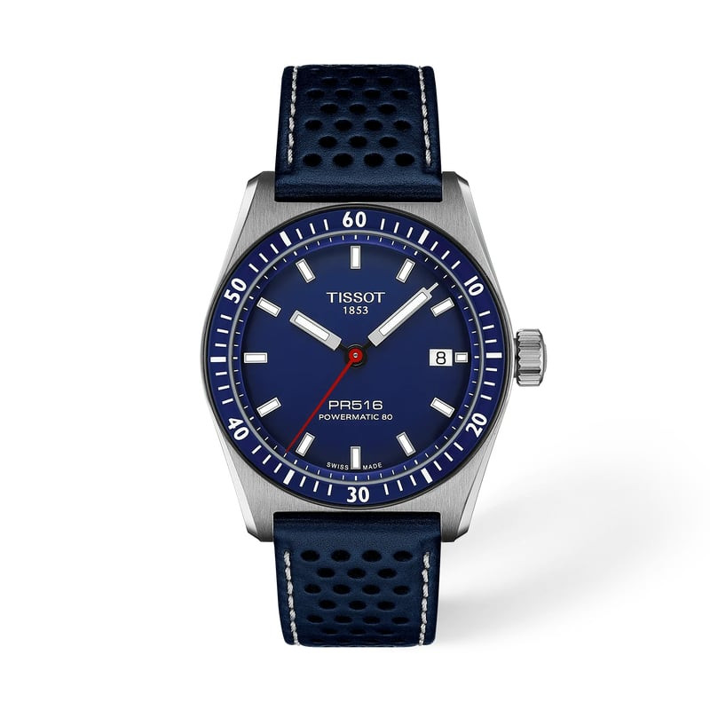 Montre Tissot PR516 Powermatic 80 pour homme avec cadran bleu et bracelet acier sur fond blanc