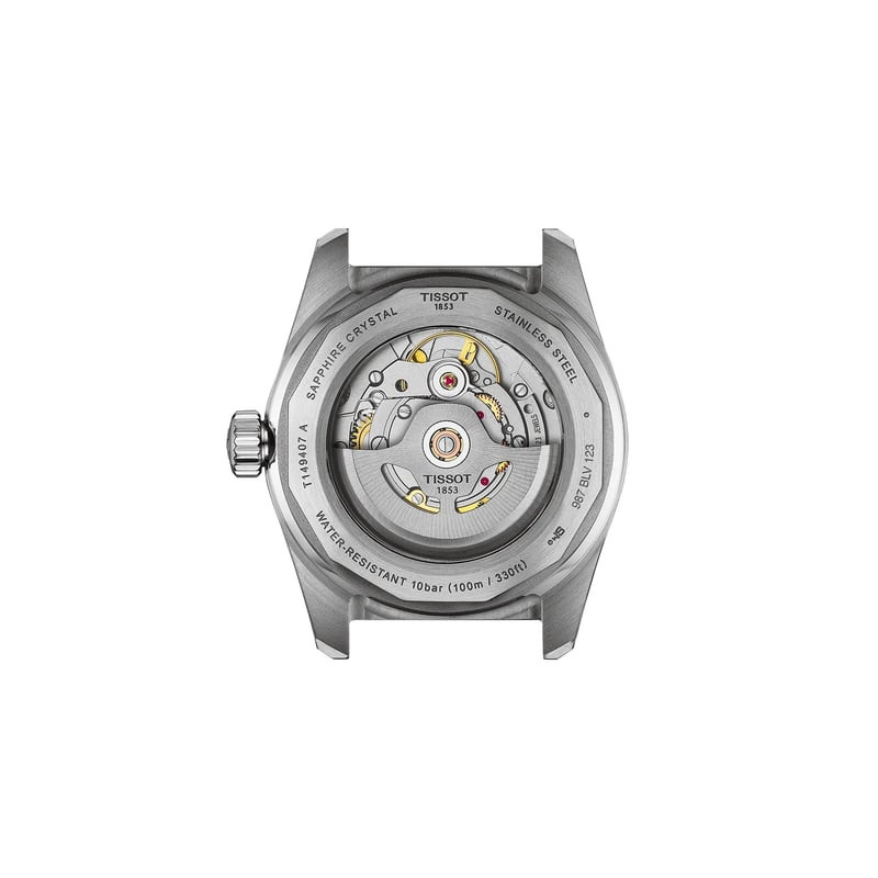 Vue latérale de la montre Tissot PR516 Powermatic 80 : boîtier en acier inoxydable et couronne