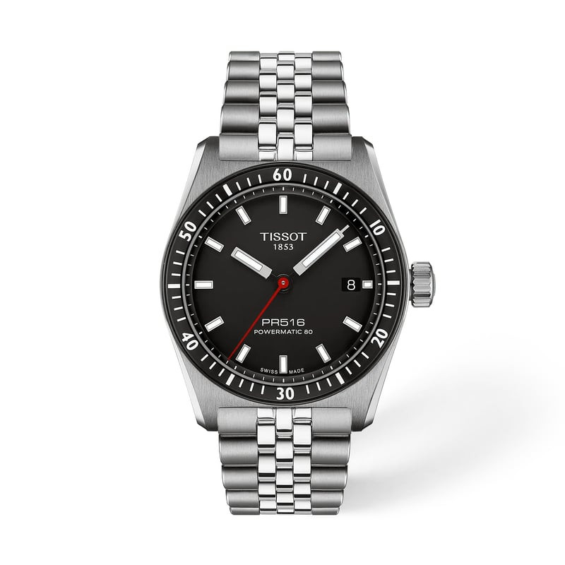 Vue de face de la montre Tissot PR516 Powermatic 80 38mm réf. 2094909, cadran noir et boîtier en aci