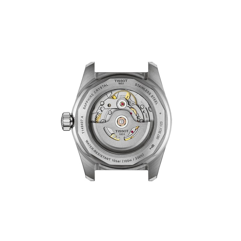 Gros plan sur le fond transparent dévoilant le mouvement automatique Powermatic 80 de la Tissot PR51