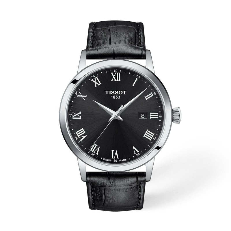 Montre Tissot Classic Dream 42mm pour homme, cadran noir et bracelet cuir noir, vue de face