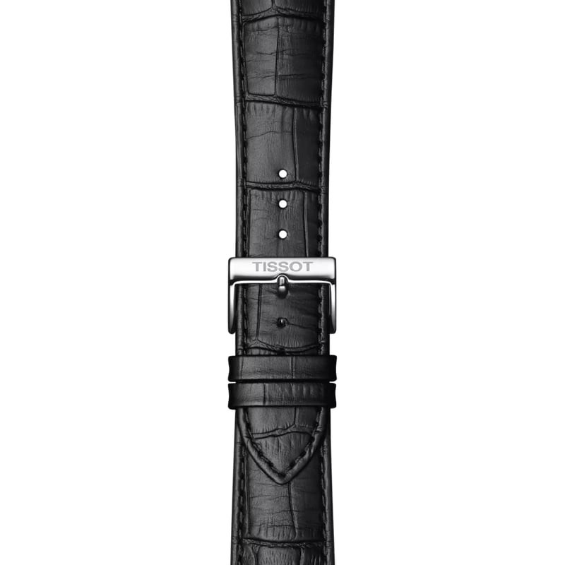 Gros plan du cadran noir minimaliste de la Tissot Classic Dream 42mm avec index argentés
