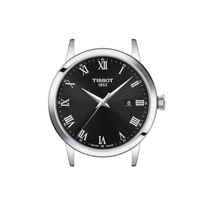 Vue de côté de la montre Tissot Classic Dream 42mm avec boîtier fin en acier inoxydable et bracelet 