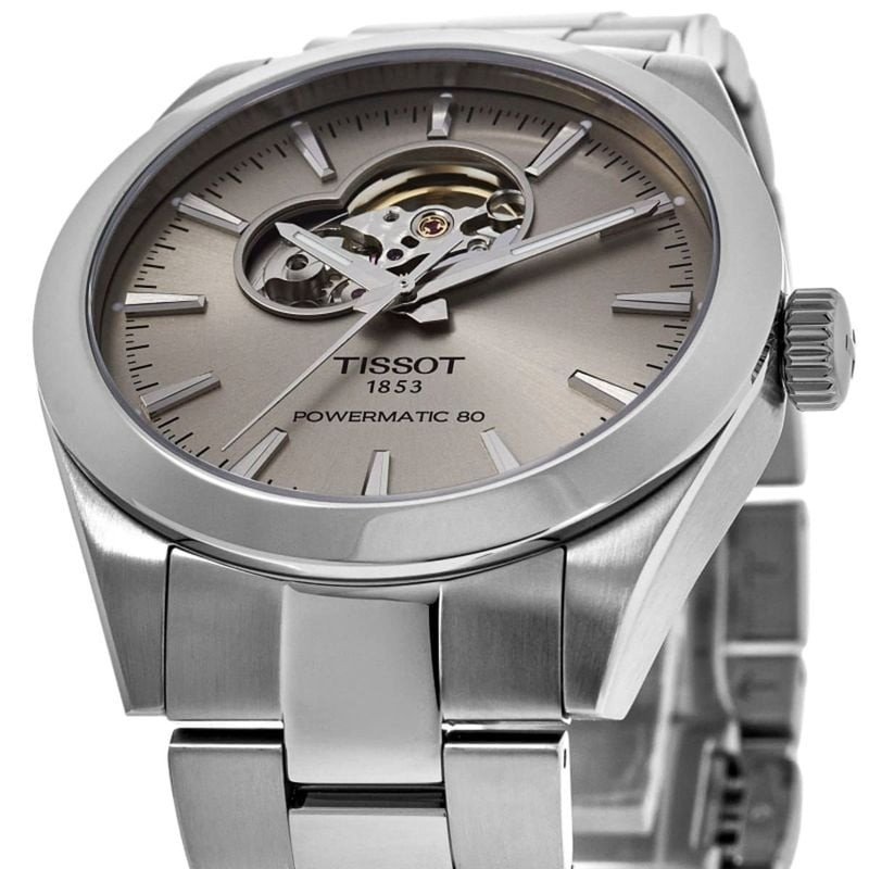 Détail de la Montre Automatique TISSOT Collection Gentleman Open Heart bracelet acier gris