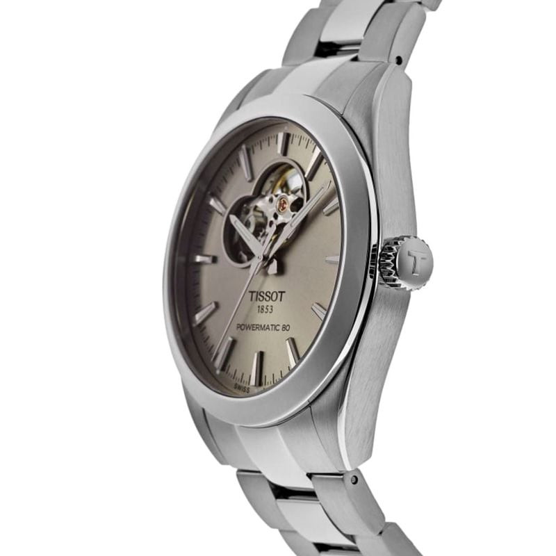 Détail du cadran de la Montre Automatique TISSOT Collection Gentleman Open Heart bracelet acier gris