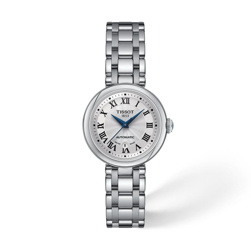 Montre femme Tissot Bellissima Automatique avec cadran blanc, aiguilles bleues et bracelet en acier 