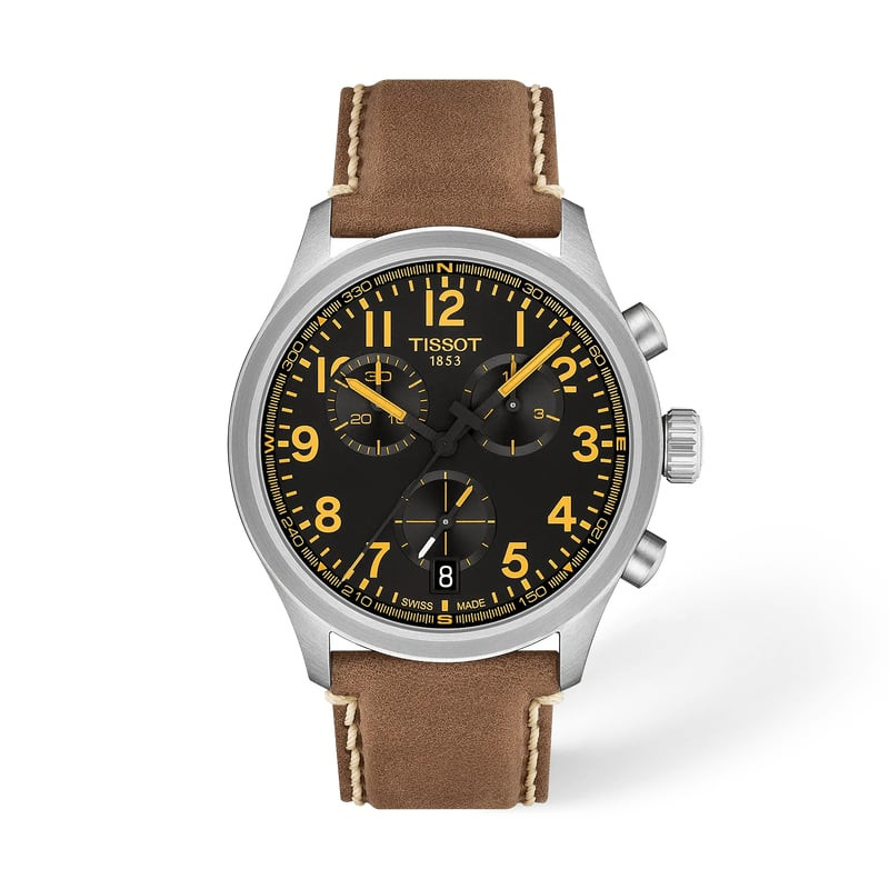 Montre chronographe Tissot Chrono L 42mm avec cadran noir et index jaunes sur fond blanc