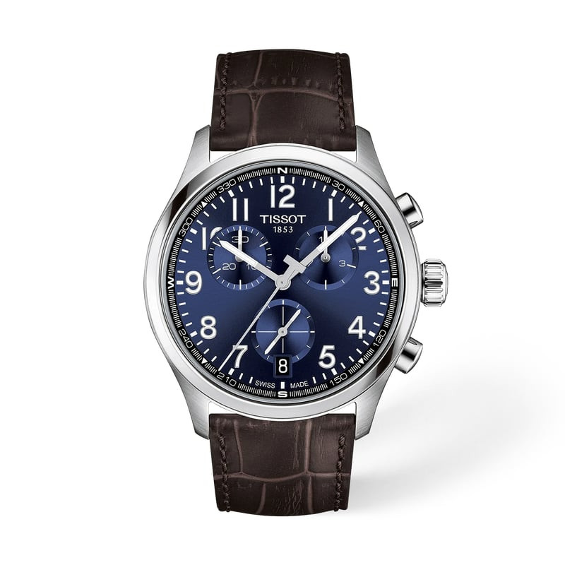 Packshot de la Montre Analogique TISSOT Collection Chrono XL bracelet cuir marron.