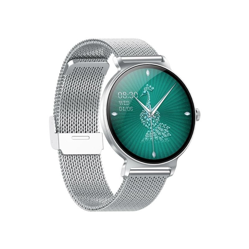 Vue de profil de la montre Smarty 2.0 Harmony avec boîtier en métal argenté et boutons sur fond blan