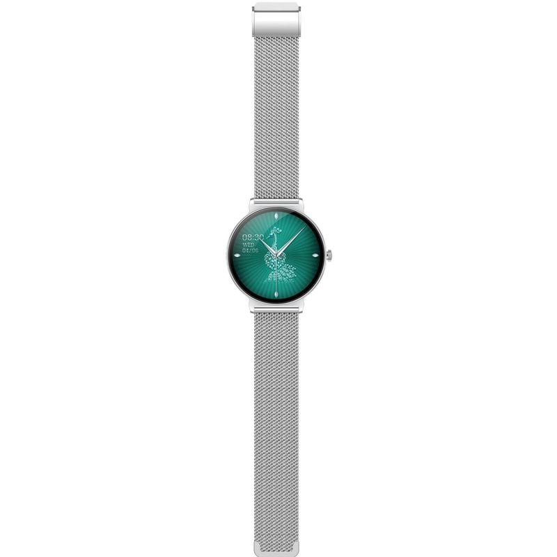 Montre connectée Smarty 2.0 Harmony en angle, avec boîtier rond argenté et bracelet mailles milanais