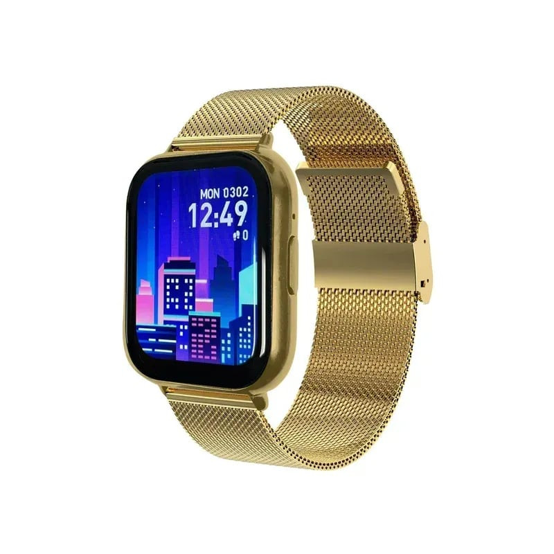 Montre connectée Smarty 2.0 au boîtier rectangulaire doré et bracelet en maille milanaise sur fond b