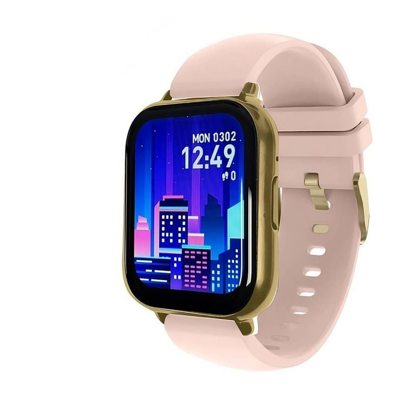 Packshot de la montre connectée Smarty 2.0 Fitnow SW105G avec boîtier rectangulaire doré et bracelet