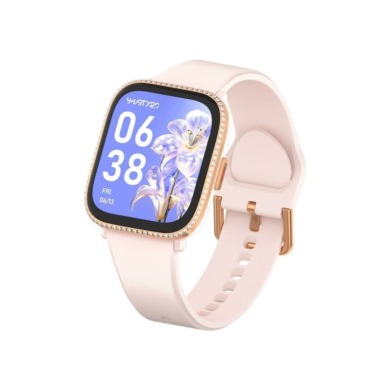 Vue de face de la montre connectée Smarty 2.0 LADY SW091C avec boîtier or rose, pierres et bracelet 