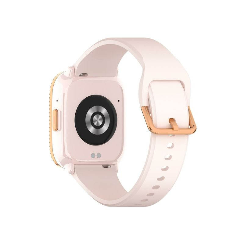 Gros plan du boîtier rectangulaire en or rose et des pierres de la montre connectée Smarty 2.0 LADY 