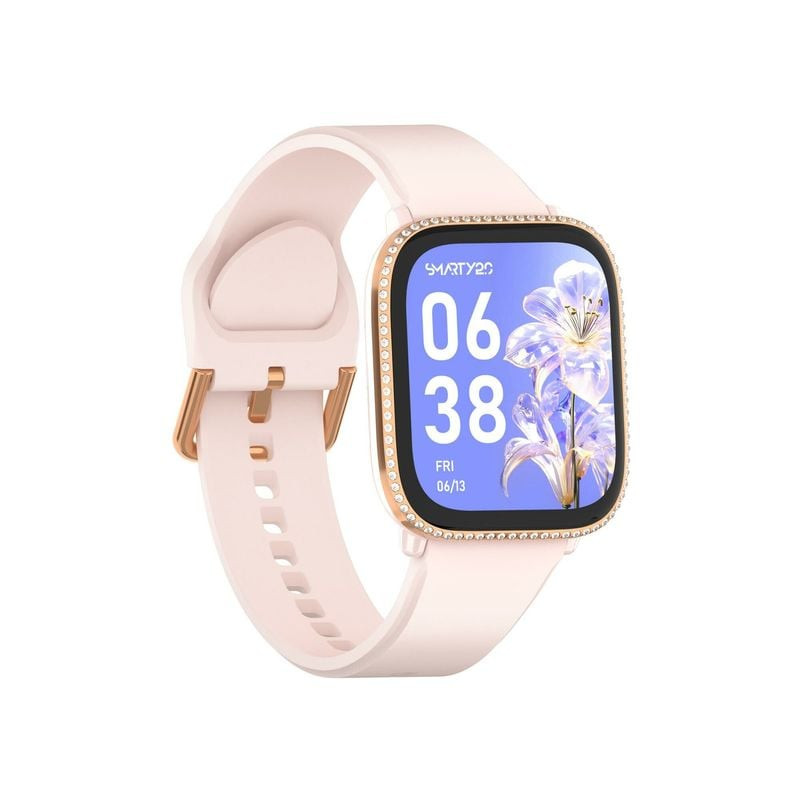 Vue latérale de la montre connectée Smarty 2.0 LADY SW091C révélant un profil fin et un bracelet ros