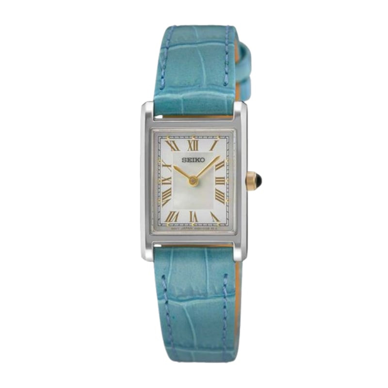 Montre Analogique SEIKO collection Classic bracelet cuir bleu, vue packshot.