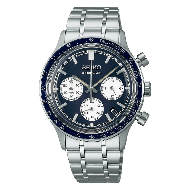 Montre chronographe homme Seiko SSB477P1 avec cadran bleu, lunette tachymétrique et boîtier en acier