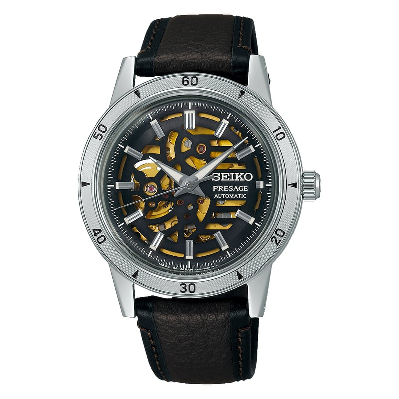 Montre automatique Seiko Presage Style60's SSA461J1, cadran semi-squelette gris, bracelet cuir marro